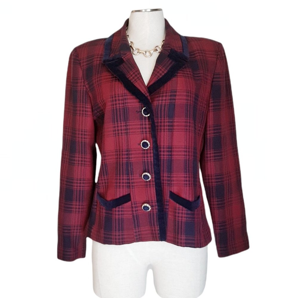 VTG 80's Jessica Howard Plaid Velvet Trim Blazer Heathers Style Preppy SZ S